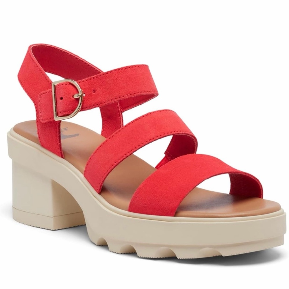 SOREL Joanie Heel Ankle Strap Sandals, Red Glow/Honey White color - Picture 2 of 13